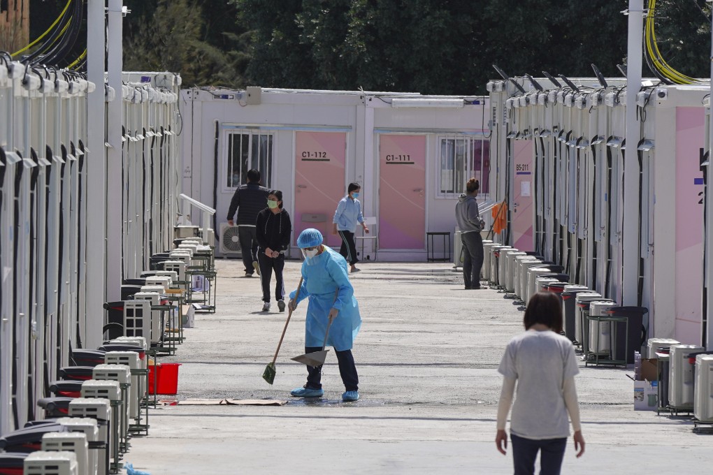 A staff member works at the newly-constructed isolation facility for Covid-19 infected residents in Lok Ma Chau, near the Shenzhen border, on March 10. Photo: Sam Tsang