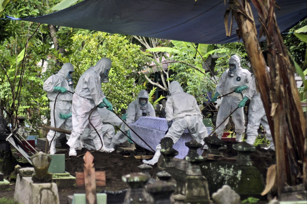 Workers in protective suits bury a coronavirus victim in Yogyakarta, Indonesia. File photo: AP