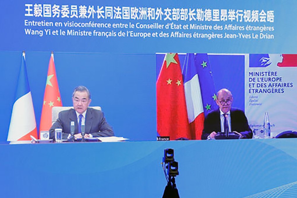 China’s foreign minister Wang Yi and his French counterpart Jean-Yves Le Drian on Thursday. Photo: SCMP