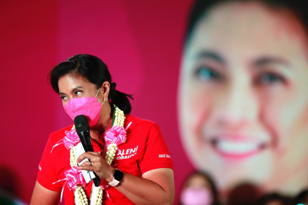 Leni Robredo, the Philippines’ current vice-president and a contender in the May 2022 national elections, speaks at a recent campaign rally. Photo: EPA