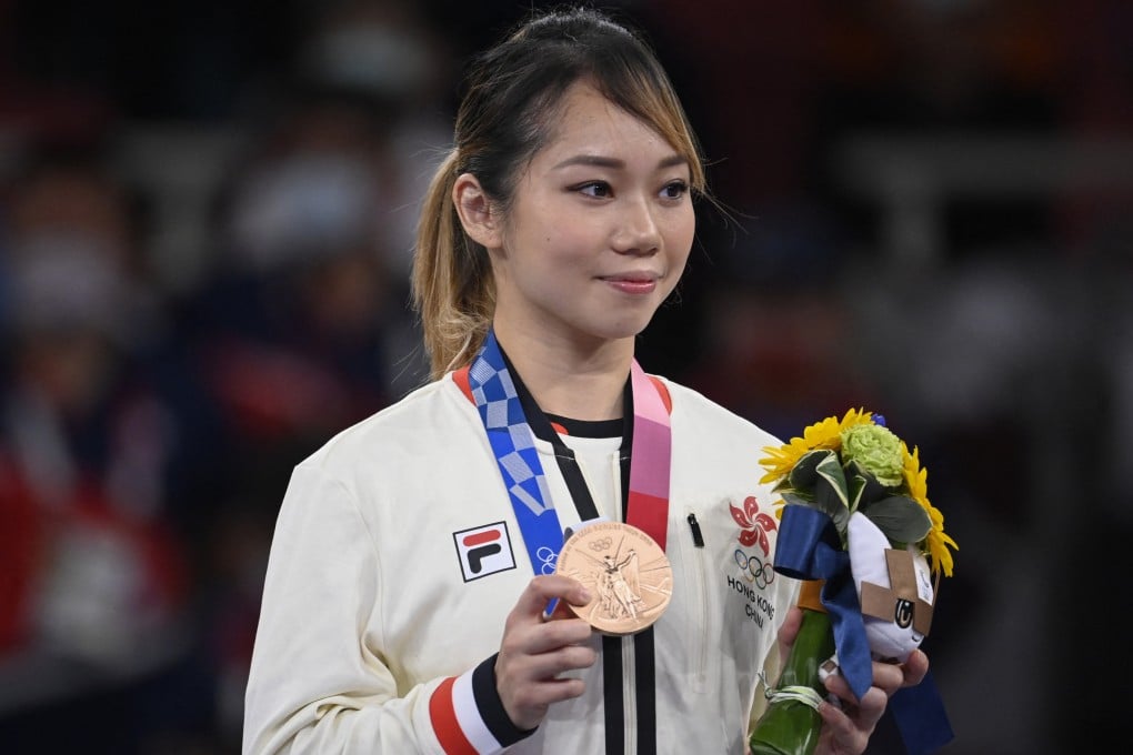 Hong Kong’s Grace Lau Mo-sheung after winning the Tokyo Olympic Games women’s individual kata bronze medal final event at the Nippon Budokan in Japan. Photo: AFP