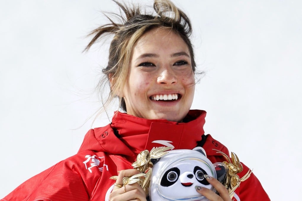 Chinese freestyle skier Eileen Gu celebrates after winning two gold medals and one silver at the Beijing Winter Olympics last month. Photo: Kyodo