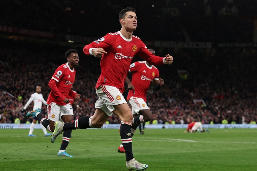 Manchester United’s Cristiano Ronaldo celebrates scoring a goal against Tottenham on March 12. Photo: Reuters