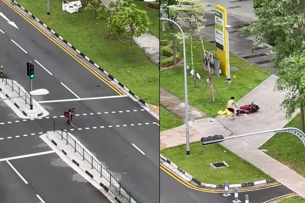 Scenes from a video showing a man swinging a sword in Singapore on Monday. He has been arrested by the police after being detained by members of the public.  Photo: Handout