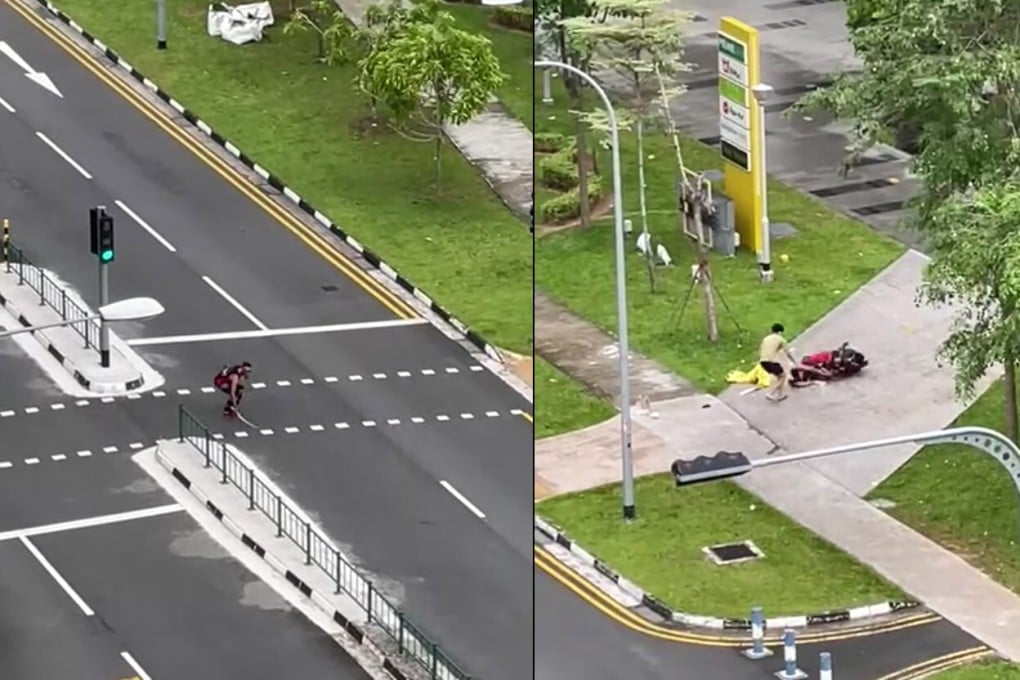 Scenes from a video showing a man swinging a sword in Singapore on Monday. He has been arrested by the police after being detained by members of the public. Photo: Handout