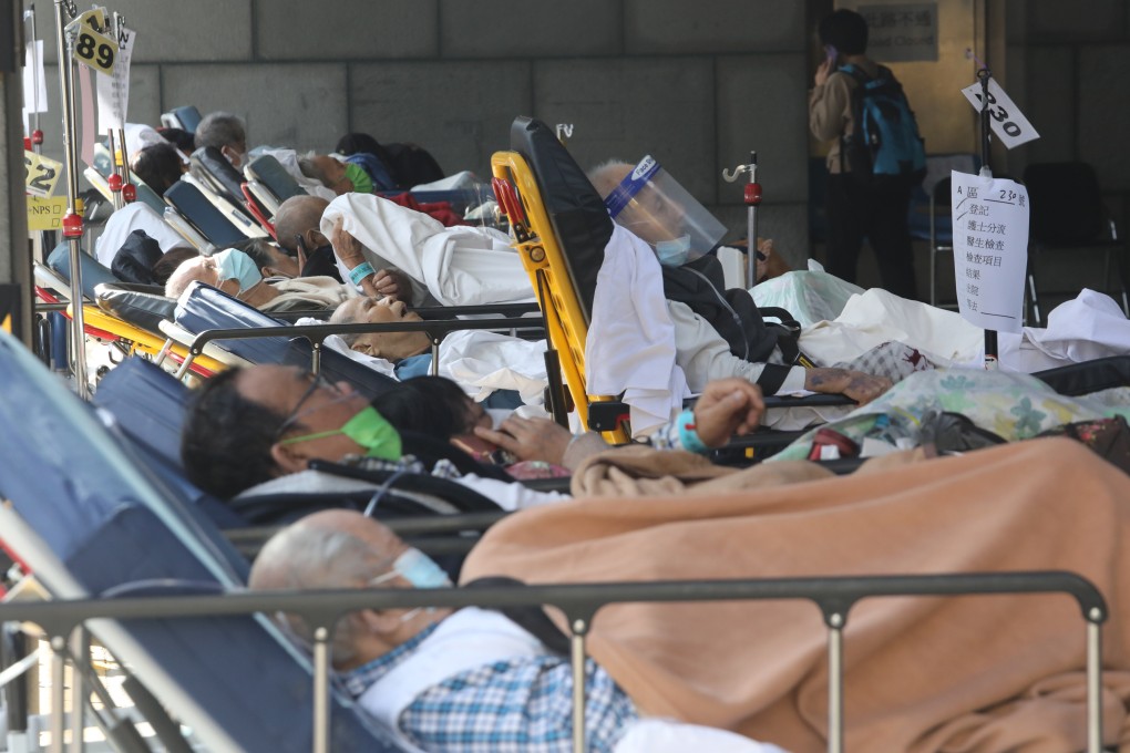Elderly patients wait to be seen at a temporary holding area outside the Caritas Medical Centre’s Accident and Emergency Department, in Cheung Sha Wan, on February 28. Photo: Jelly Tse