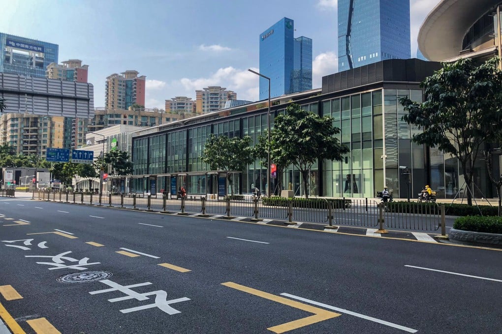 Empty streets in the Futian district of Shenzhen Empty street on Monday, the first day of a week-long lockdown. Photo: Handout