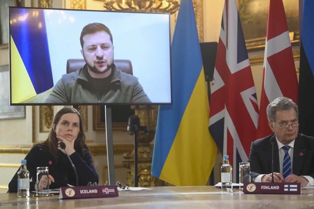 Volodymyr Zelensky, Ukraine’s president, addresses attendees via video link at the Joint Expeditionary Force Summit in London on Tuesday. Photo: Bloomberg