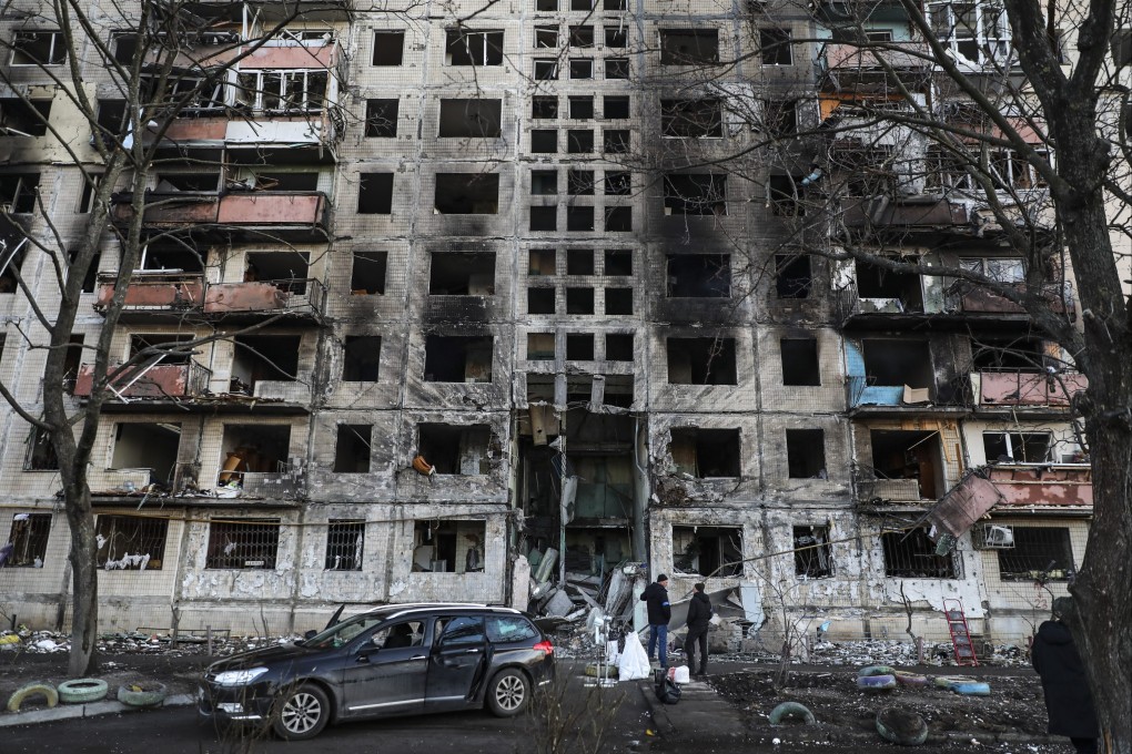 A residential building in Kyiv is seen on Monday after being charred and damaged by Russian shelling. Photo: EPA-EFE