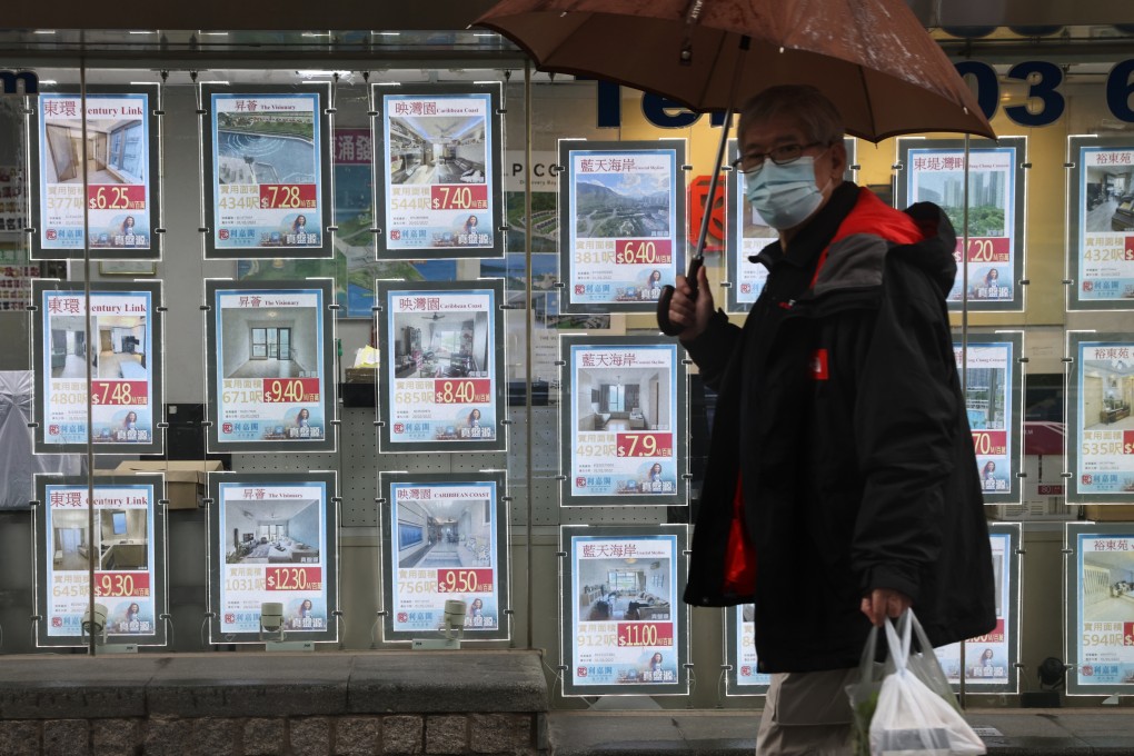 Properties for sale as posted outdide an agency in Tung Chung, Hong Kong in February 2022. Photo: K. Y. Cheng