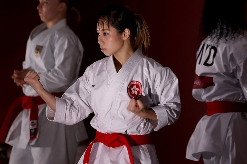 Hong Kong’s Grace Lau Mo-sheung (centre) practices before her event in the karate women’s kata elimination round at the Tokyo Olympic Games at the Nippon Budokan, Japan. Photo: Getty Images