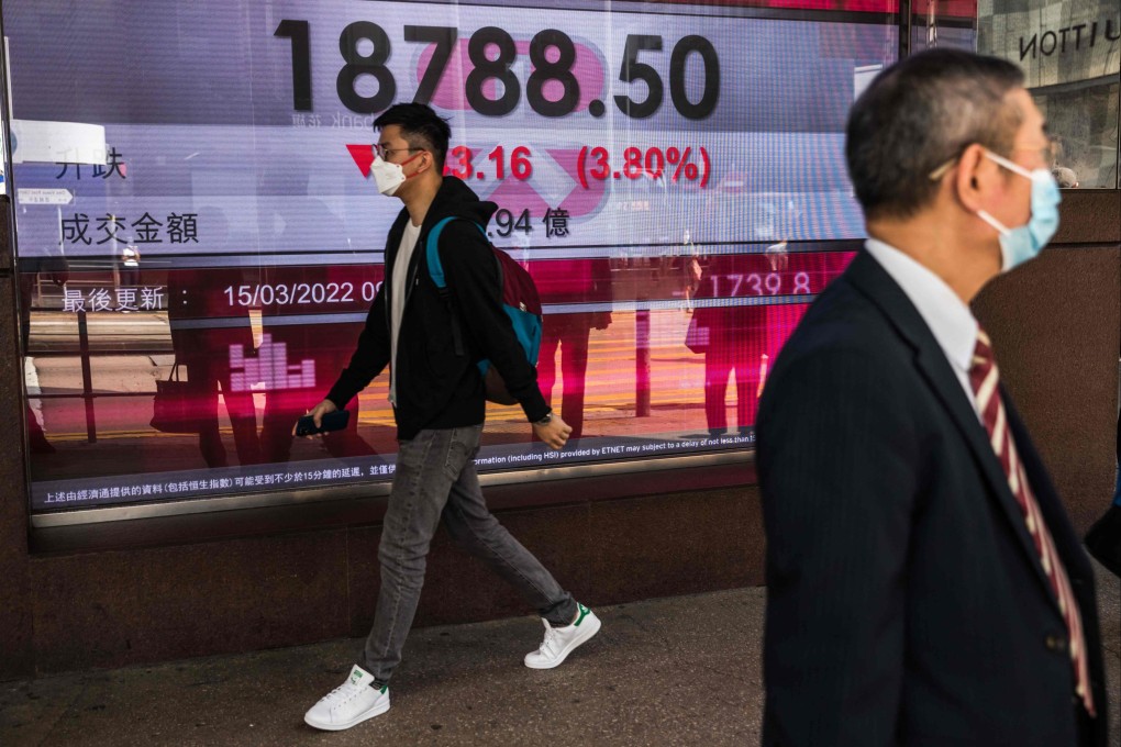 An electronic board showing the Hang Seng Index in Central, Hong Kong on March 15, 2022. Photo: FP