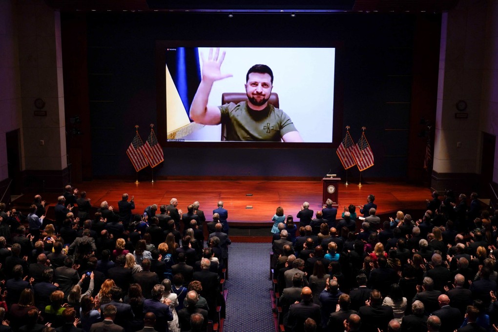Ukrainian President Volodymyr Zelensky is introduced before his virtually addresses the US Congress on Wednesday. Photo: AFP