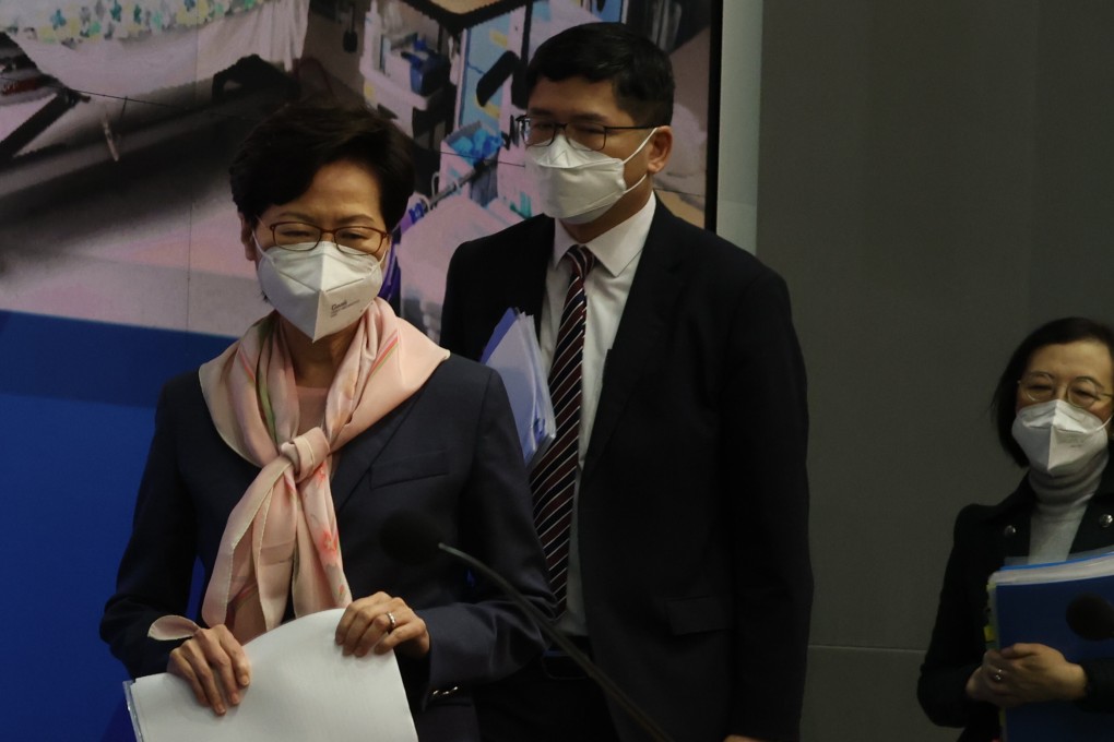 Chief Executive Carrie Lam Cheng Yuet-ngor meets the media during a press conference on March 14, 2022. Photo: May Tse
