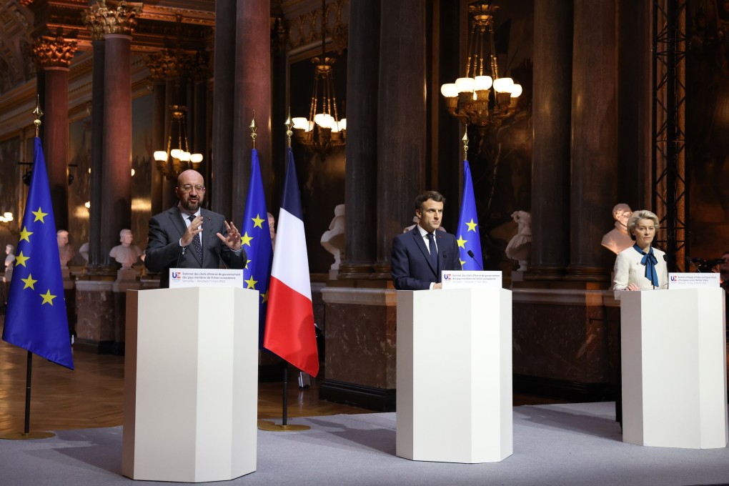 From the left, European Council President Charles Michel, French President Emmanuel Macron and European Commission President Ursula Von der Leyen attend a press conference at the Palace of Versailles in France after the meeting of EU leaders to discuss Russia’s invasion of Ukraine, on March 11. Photo: Dario Pignatelli/EU Council/DPA