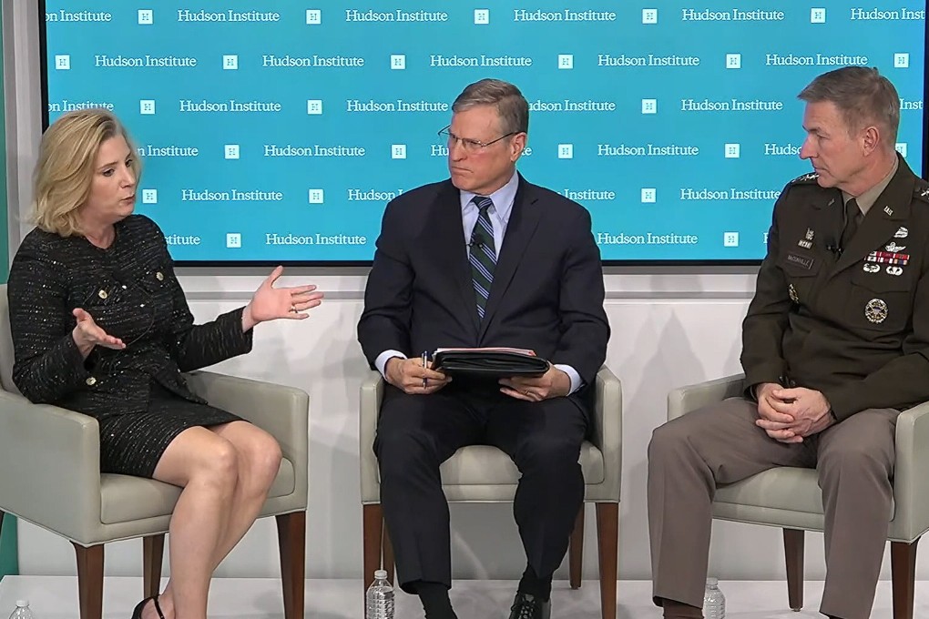 Christine Wormuth, Secretary of the US Army, and James McConville, Army chief of staff, interviewed by Patrick Cronin, senior fellow at the Hudson Institute, on Tuesday. Photo: YouTube