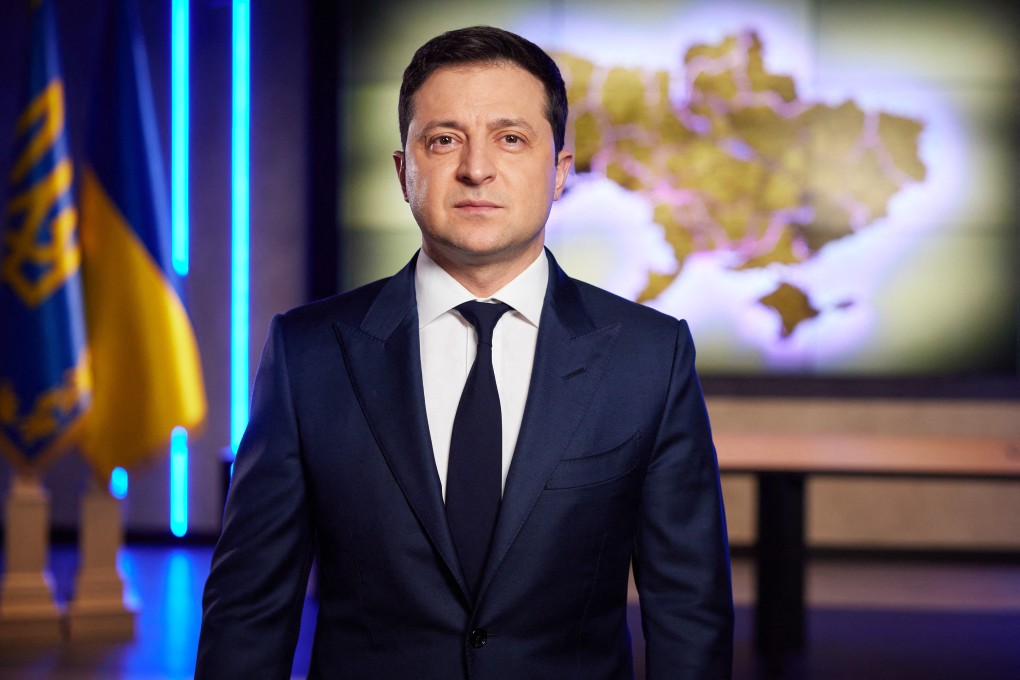Ukrainian President Volodymyr Zelensky addresses the nation in February, after Russia recognised two eastern separatist regions and then ordered in troops to back up their independence claims. Photo: Ukraine presidency via AFP