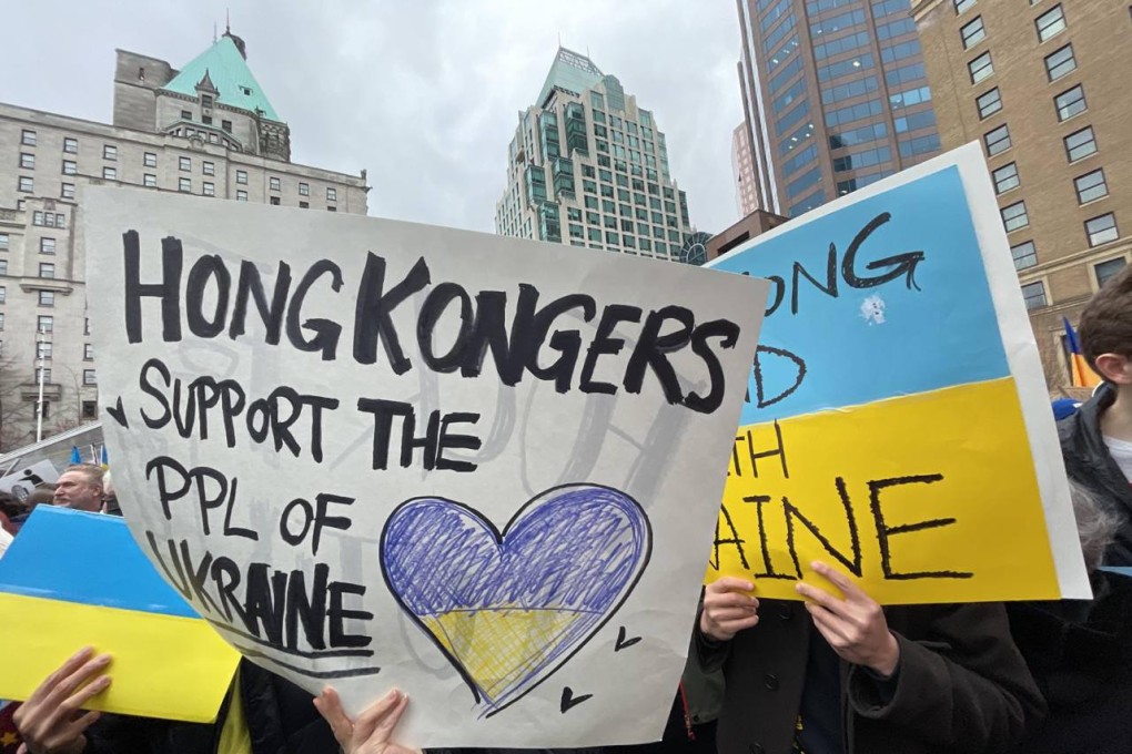 Hong Kong protesters join a rally against Russia’s invasion of Ukraine, in Vancouver, Canada, on February 26. Photo: Instagram / VanActivistsHK