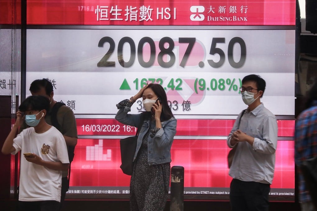 The Hang Seng Index on display outside Dah Sing Bank at World Wide House in Hong Kong’s Central district on 16 March 2022. Photo: Jonathan Wong