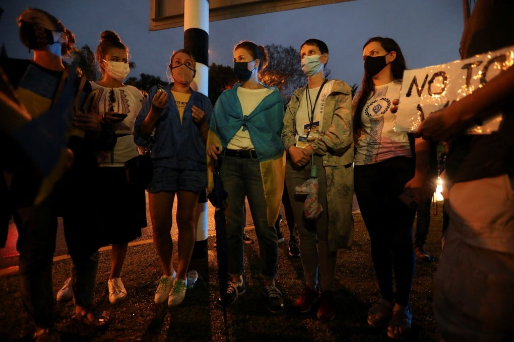 Ukrainians living in Malaysia hold a protest outside the Russian Embassy in Kuala Lumpur. Photo: Reuters