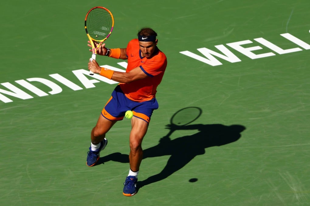 Rafael Nadal plays a backhand against Nick Kyrgios during their BNP Paribas Open quarter-final match. Photo: AFP