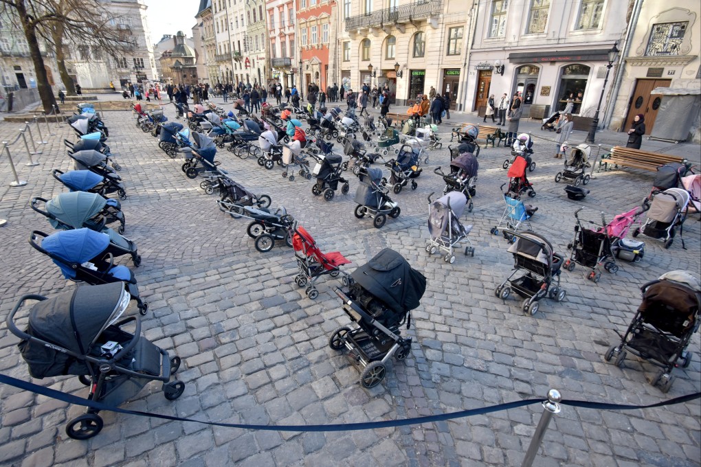 Empty pushchairs in the centre of Lviv highlight the children killed in Russia’s invasion of Ukraine. Photo: Reuters