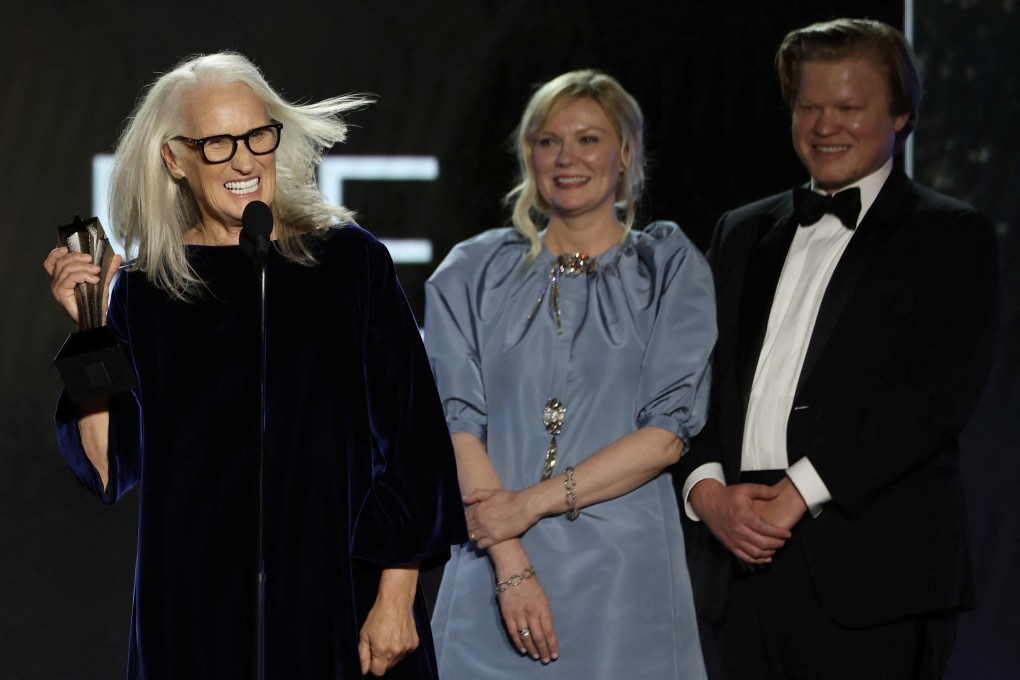 Jane Campion, Kirsten Dunst and Jesse Plemons accept the award for best picture for The Power of the Dog at the Annual Critics Choice Awards in Los Angeles, California on March 13. Photo: Reuters