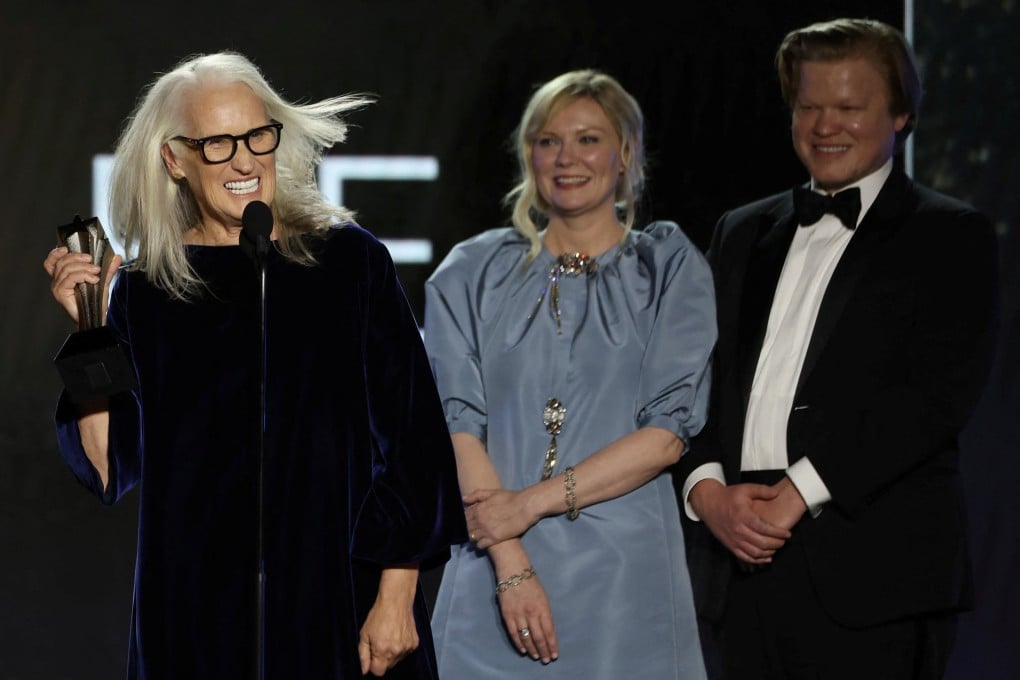 Jane Campion, Kirsten Dunst and Jesse Plemons accept the award for best picture for The Power of the Dog at the Annual Critics Choice Awards in Los Angeles, California on March 13. Photo: Reuters