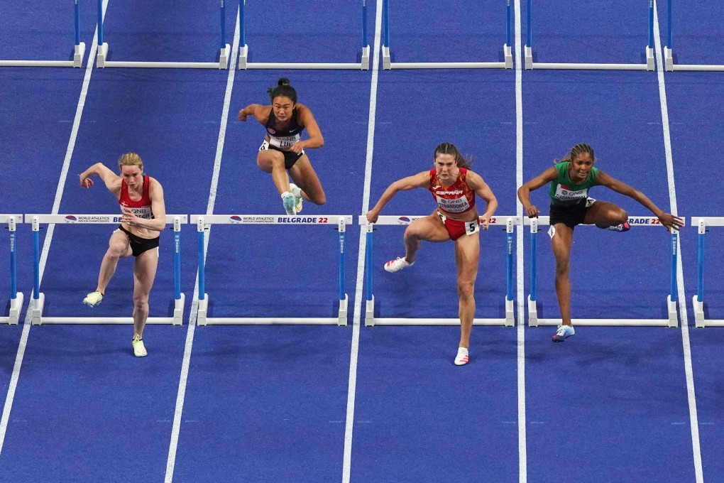 Hong Kong hurdler Vera Lui Lai-yiu (third from left) in the World Athletics Indoor Championships 60m hurdles heats event at the Stark Arena in Serbia. Photo: AFP