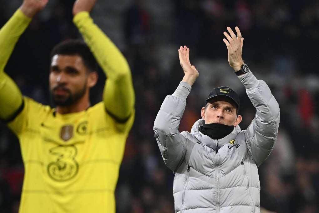Head coach Thomas Tuchel celebrates after Chelsea’s win at Lille on Wednesday. Photo: AFP