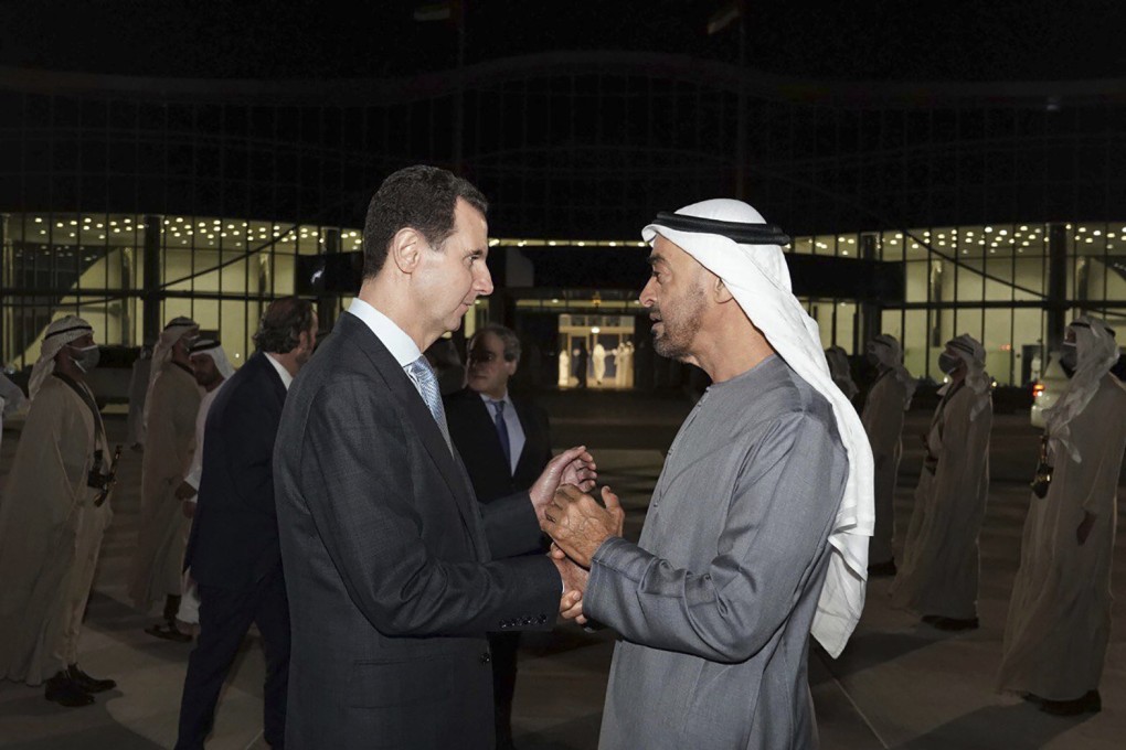 Syrian President Bashar Assad, left, and Abu Dhabi’s Crown Prince, Sheikh Mohammed bin Zayed Al Nahyan, in Abu Dhabi, UAE on March 18. Photo: Syrian Presidency Facebook page via AP