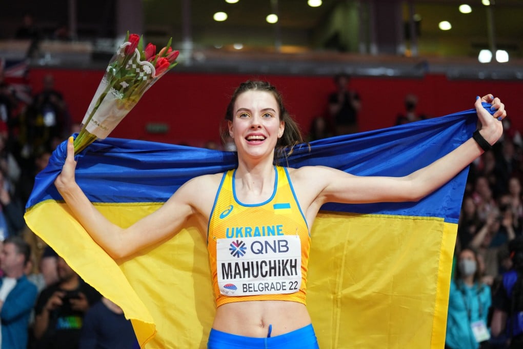 Ukraine’s Yaroslava Mahuchikh celebrates winning the women’s high jump final. Photo: Reuters