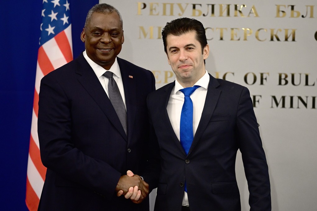 Bulgarian Prime Minister Kiril Petkov, right, and US Defence Secretary Lloyd Austin in Sofia, Bulgaria on March 19. Photo: EPA-EFE