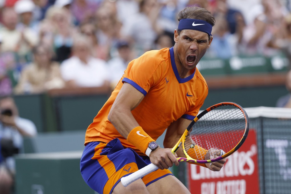 Pumped up Rafael Nadal celebrates winning a point against Spain’s Carlos Alcaraz during their men’s singles semi-final. Photo: dpa