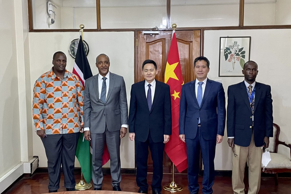 Xue Bing (centre) with Kenya’s principal secretary for foreign affairs, Macharia Kamau (second left), and other officials in Nairobi. Photo: Handout