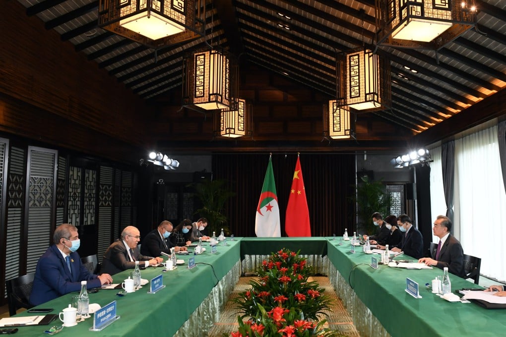 Foreign Minister Wang Yi (far right) holds talks with the Algerian delegation in eastern China’s Anhui province. Photo: Xinhua
