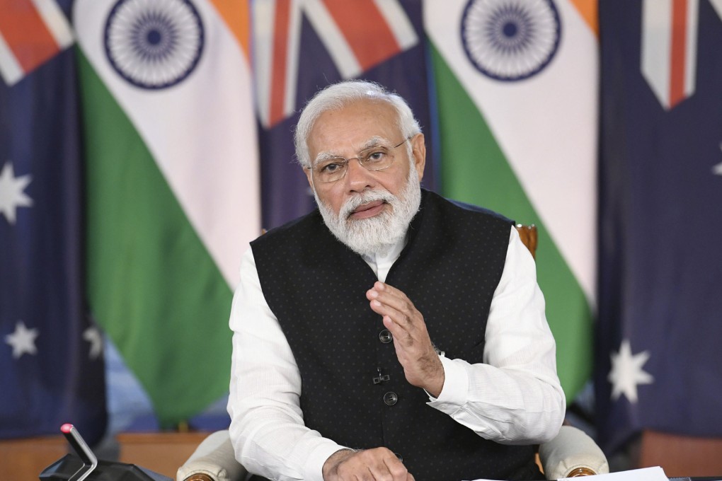 Indian Prime Minister Narendra Modi speaking during a virtual summit with Australian Prime Minister Scott Morrison on Monday. Photo: AP