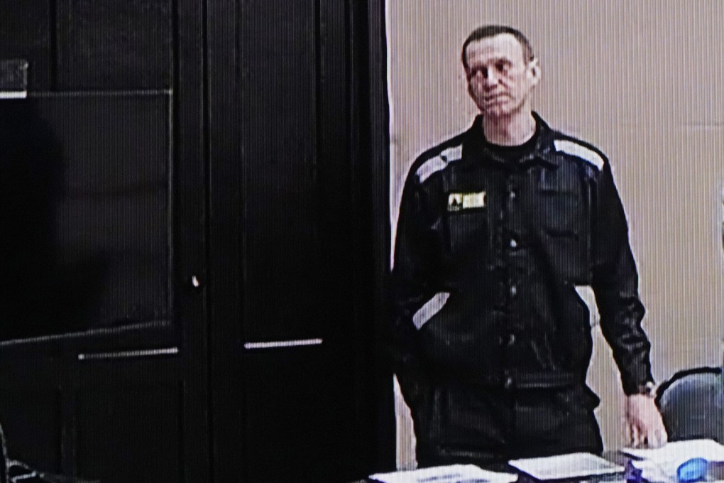 Russian opposition leader Alexei Navalny is seen via a video link during a court session in Russia on Tuesday. The Russian authorities are seeking a 13-year prison sentence for Navalny in a trial Kremlin critics see as an attempt to keep President Vladimir Putin’s most ardent foe in prison for as long as possible. Photo: AP
