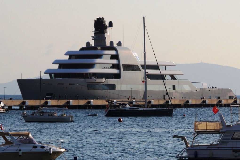 Solaris, a superyacht linked to sanctioned Russian oligarch Roman Abramovich, docks at a marina in Bodrum, Turkey on Monday. Photo: IHA via Reuters