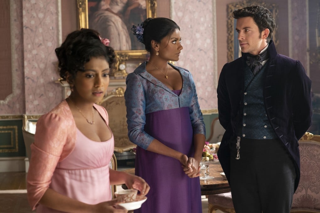 (From left) Charithra Chandran, Simone Ashley and Jonathan Bailey in a scene from Bridgerton. The Netflix series promises more scandal, glamour and corsets. Photo Liam Daniel / Netflix