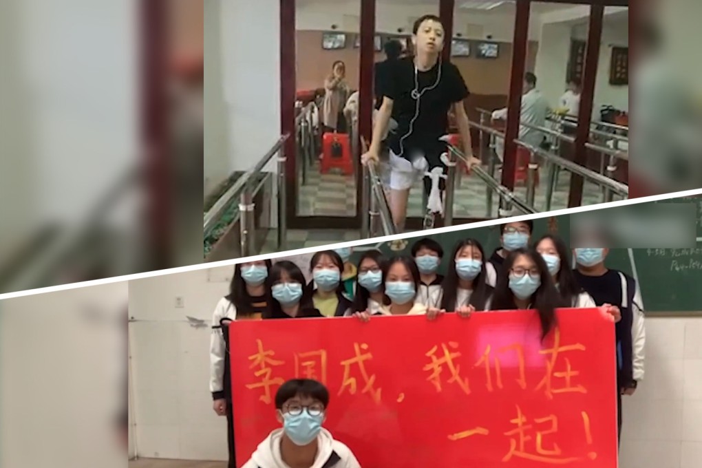 Students make video to cheer classmate who lost his left leg to cancer and say they are waiting to take college entrance exam with him. Photo: SCMP artwork