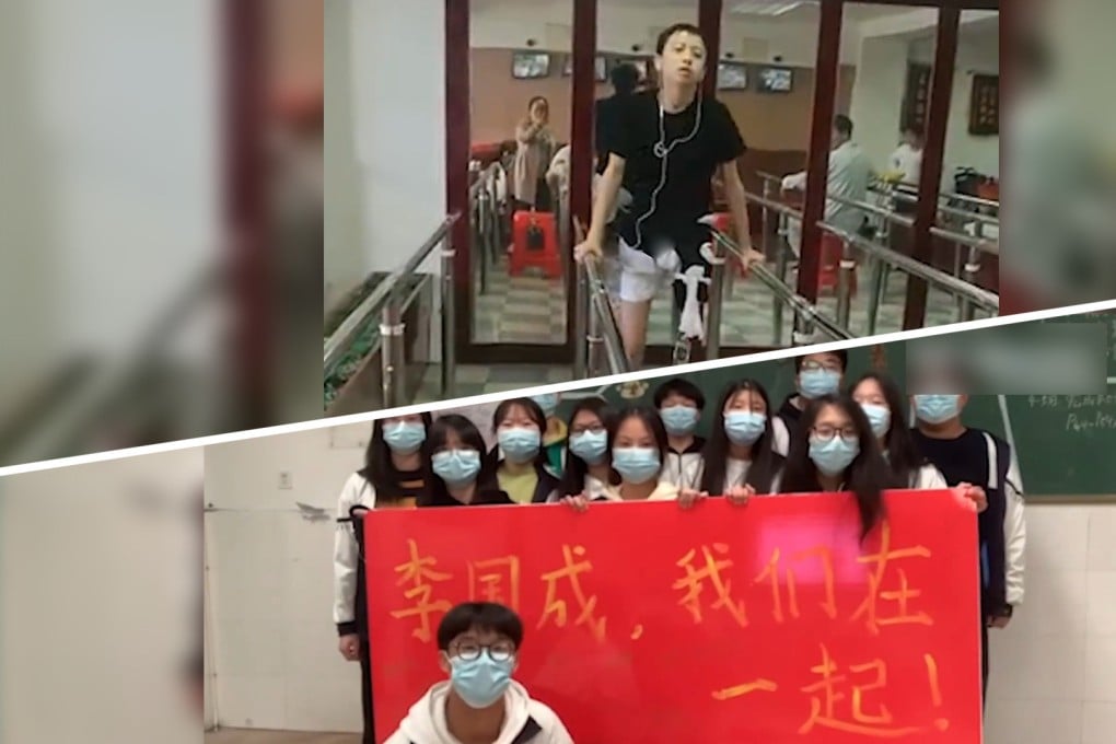 Students make video to cheer classmate who lost his left leg to cancer and say they are waiting to take college entrance exam with him. Photo: SCMP artwork