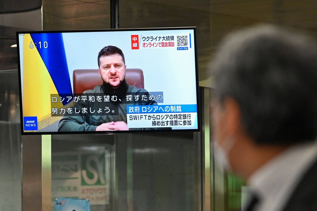 A live broadcast of Ukrainian President Volodymyr Zelensky delivering a virtual address to Japan’s parliament in Tokyo. Photo: AFP