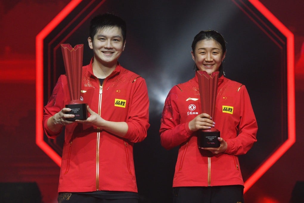 Fan Zhendong (left) and Chen Meng of China after winning in the men’s and women’s singles finals at the WTT Singapore Smash 2022 in Singapore. Photo: Xinhua