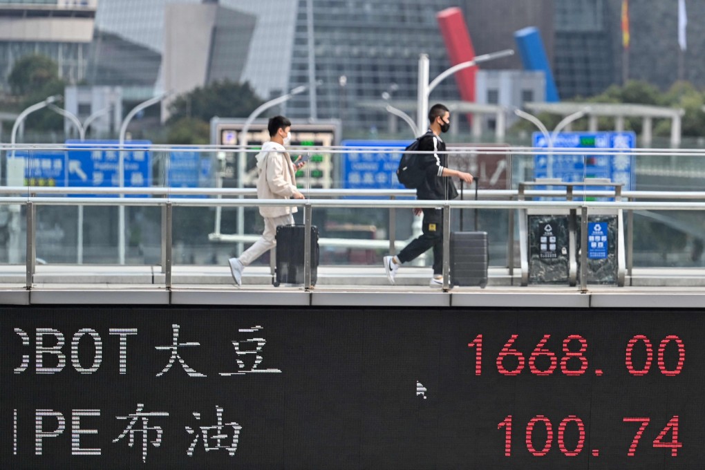 A display board showing commodity prices in Shanghai’s Lujiazui financial district on March 16, 2022. Photo: AFP