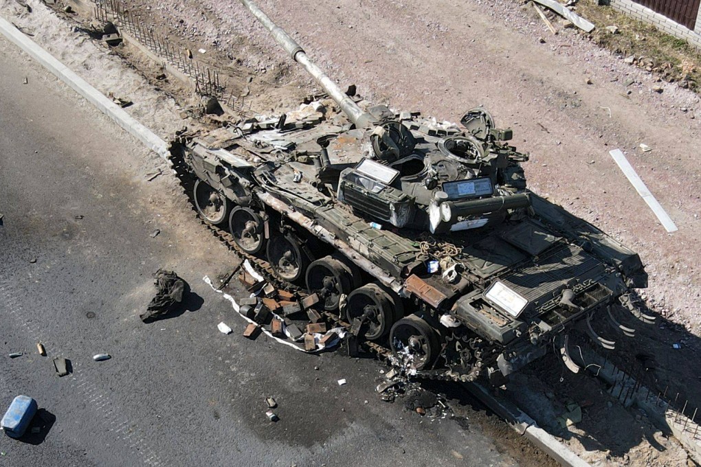 A charred Russian tank is seen on the front line in Ukraine’s Kyiv region. Photo: Press service of the Ukrainian Ground Forces via AFP