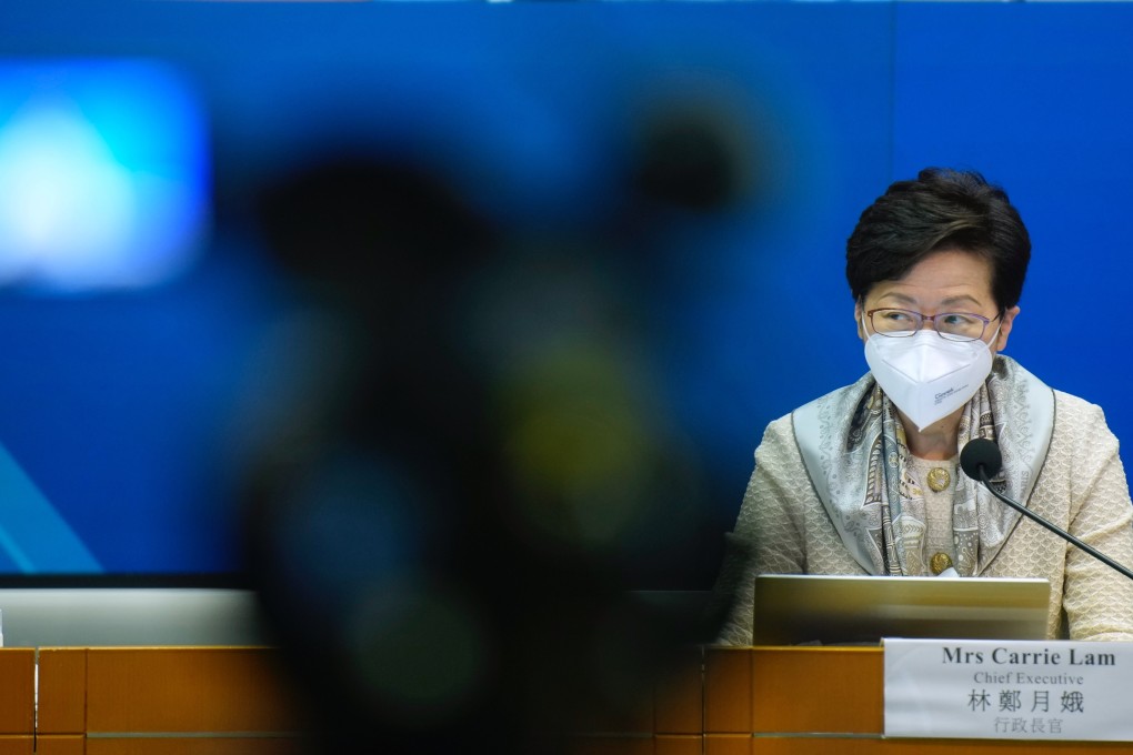 Hong Kong Chief Executive Carrie Lam listens to reporters’ questions during a press conference in Hong Kong on March 21. Photo: EPA-EFE / Pool