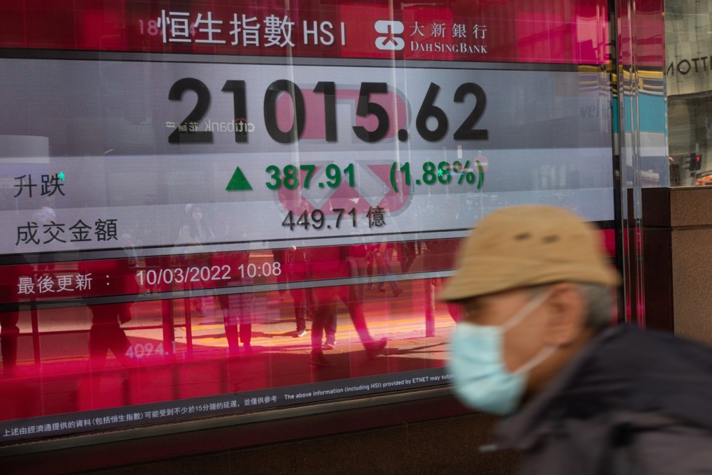 A man walks past an electronic board displaying the Hang Seng Index in Central, Hong Kong on March 10. Photo: EPA-EFE