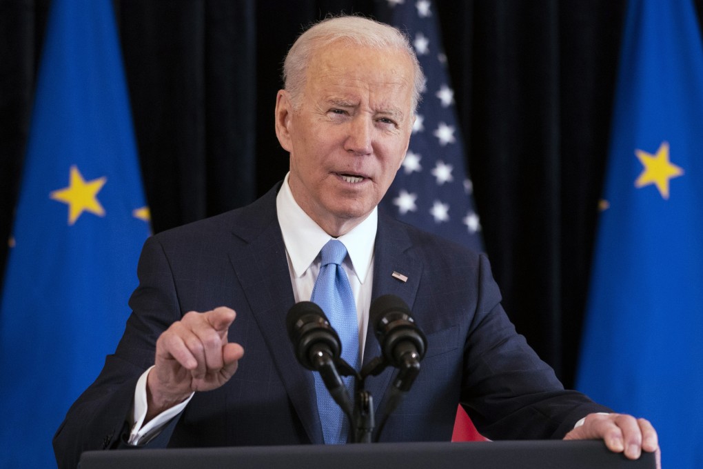 President Joe Biden in Brussels delivers a statement with European Commission President Ursula von der Leyen about the Russian invasion of Ukraine. Photo: AP