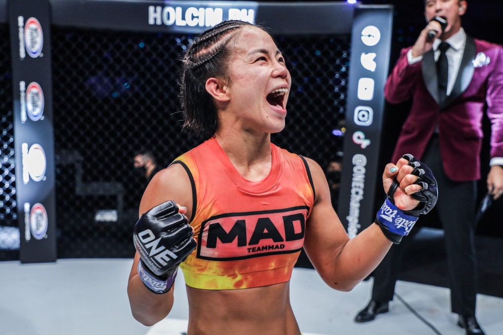 Ham Seo-hee celebrates her victory over Denice Zamboanga in the ONE atomweight grand prix. Photos: ONE Championship